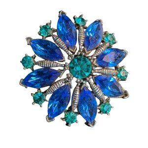 Vintage Blue Rhinestone‎ Brooch  Silver Tone Marquise Riveted Prong D1510